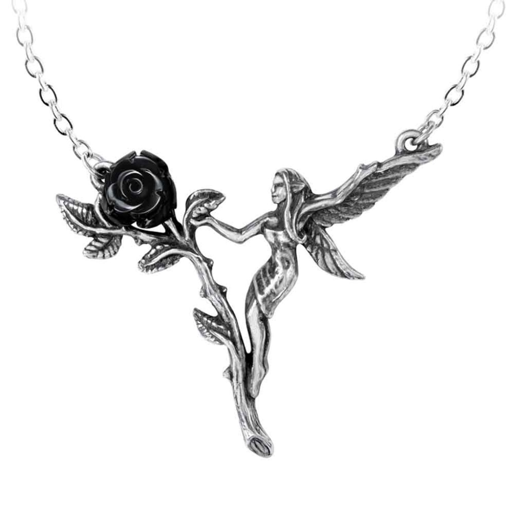 Alchemy Gothic Faerie Glade Necklace Black Rose Fairy Pendant NWT